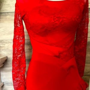 Women’s Red Salsa Dancing Performance Dress- Lace Leotard & ruffle skirt